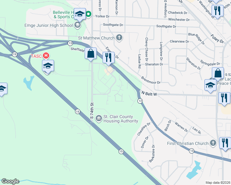 map of restaurants, bars, coffee shops, grocery stores, and more near 71 Hillside Lane in Belleville