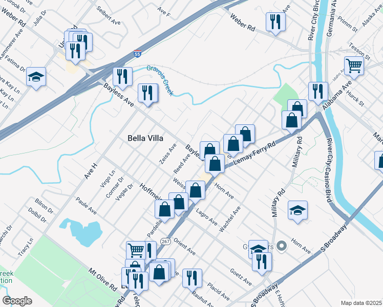 map of restaurants, bars, coffee shops, grocery stores, and more near 3721 Bayless Avenue in St. Louis