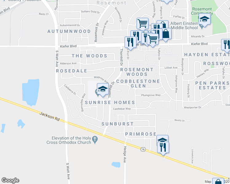 map of restaurants, bars, coffee shops, grocery stores, and more near 9032 Williamson Court in Sacramento