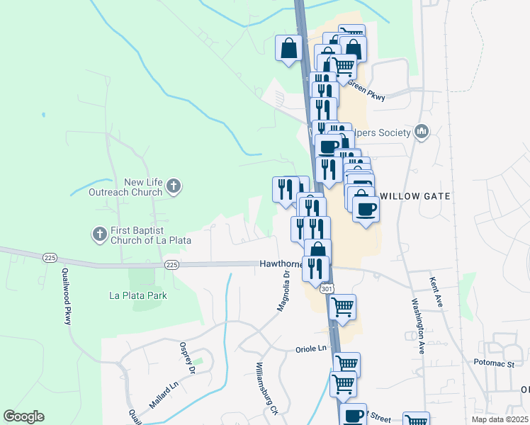 map of restaurants, bars, coffee shops, grocery stores, and more near 18 Chesapeake Lane in La Plata