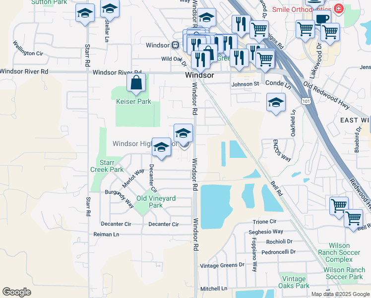 map of restaurants, bars, coffee shops, grocery stores, and more near 8695 Windsor Road in Windsor