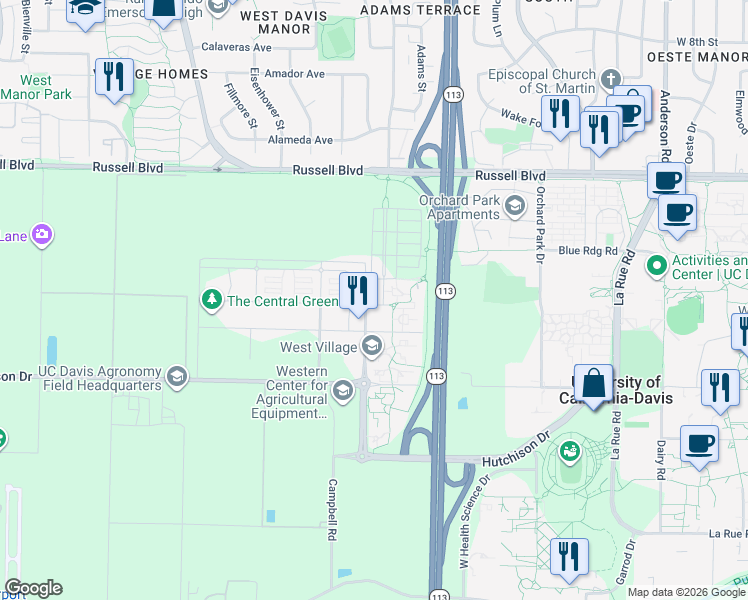 map of restaurants, bars, coffee shops, grocery stores, and more near 1605 Tilia Street in Davis
