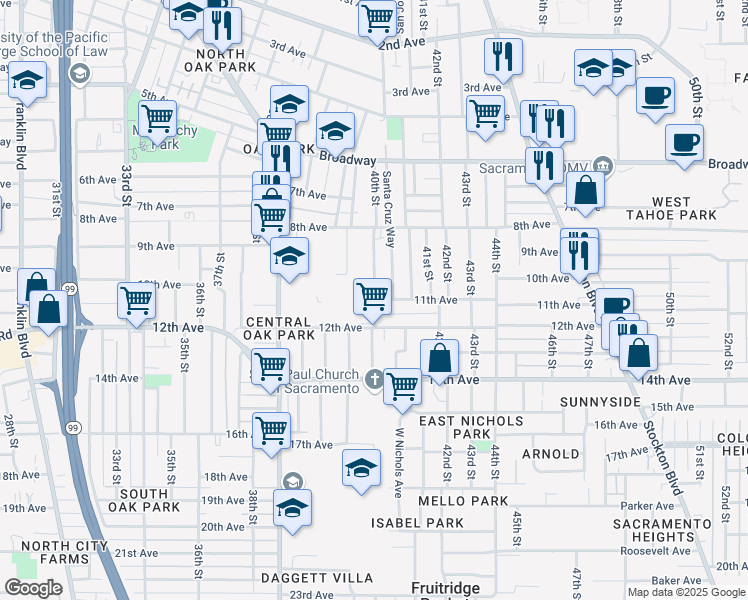 map of restaurants, bars, coffee shops, grocery stores, and more near 11th Avenue & 40th Street in Sacramento