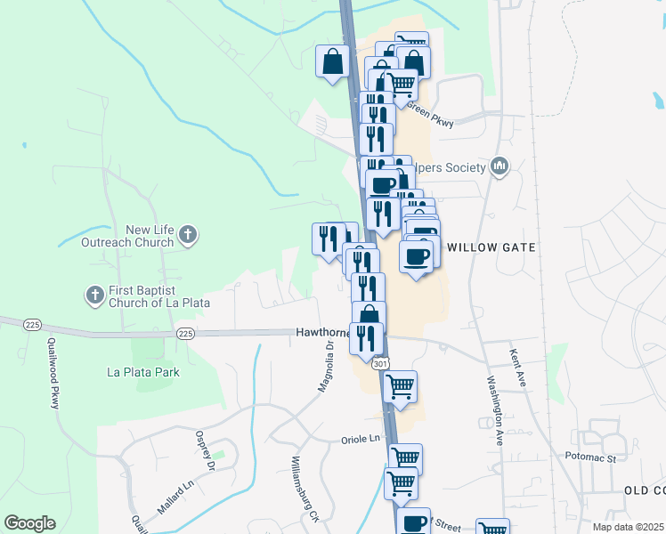map of restaurants, bars, coffee shops, grocery stores, and more near 9375 Chesapeake Street in La Plata