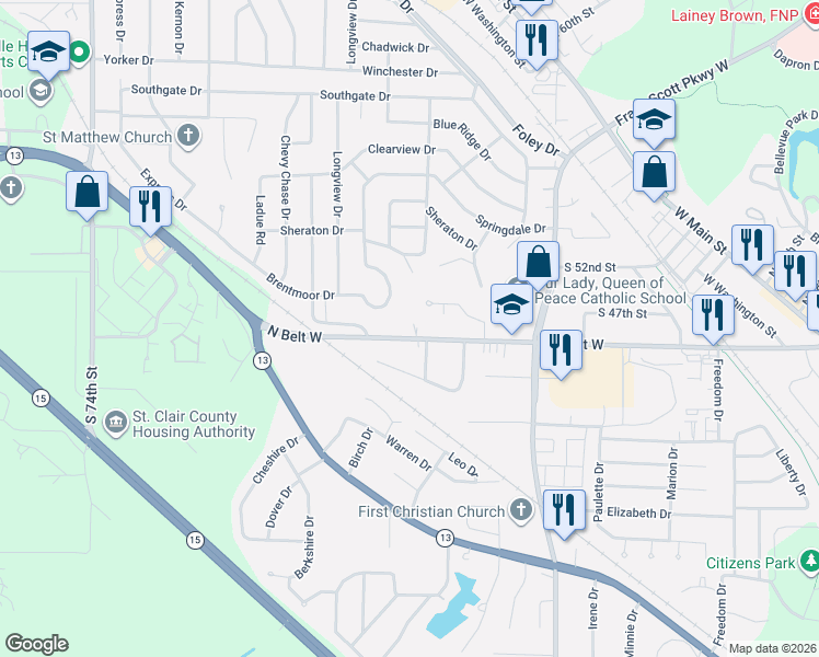 map of restaurants, bars, coffee shops, grocery stores, and more near 6105 North Belt West in Belleville