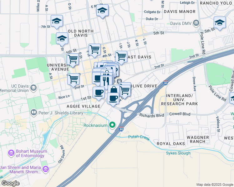 map of restaurants, bars, coffee shops, grocery stores, and more near 1027 Olive Drive in Davis