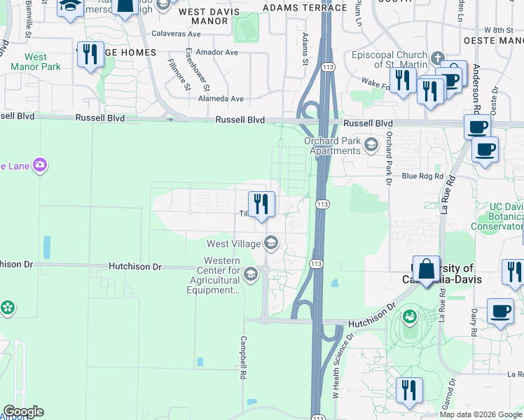 map of restaurants, bars, coffee shops, grocery stores, and more near 1715 Tilia Street in Davis
