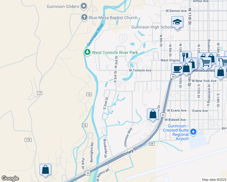 map of restaurants, bars, coffee shops, grocery stores, and more near 69 West Gunnison Avenue in Gunnison