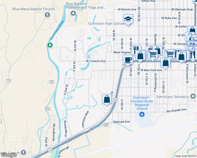 map of restaurants, bars, coffee shops, grocery stores, and more near 356 South 6th Street in Gunnison