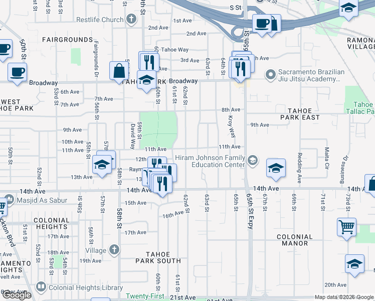 map of restaurants, bars, coffee shops, grocery stores, and more near 3601 62nd Street in Sacramento