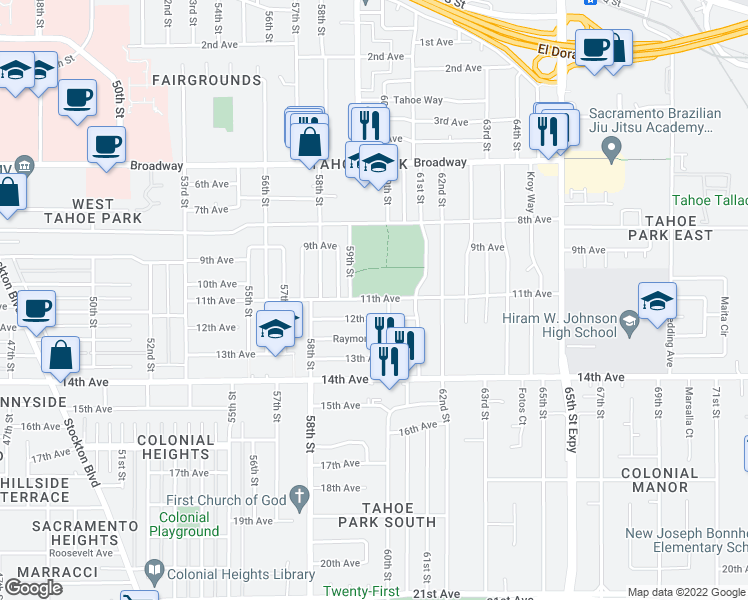 map of restaurants, bars, coffee shops, grocery stores, and more near 5970 11th Avenue in Sacramento