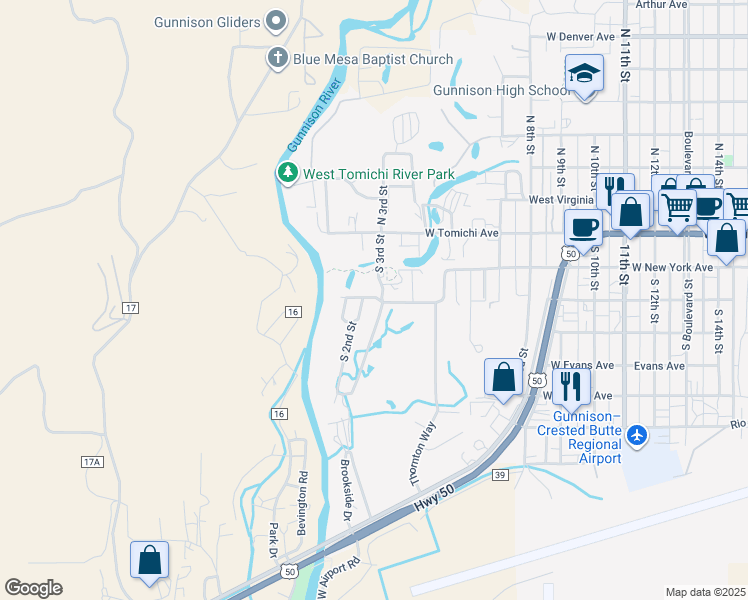 map of restaurants, bars, coffee shops, grocery stores, and more near 69 West Gunnison Avenue in Gunnison