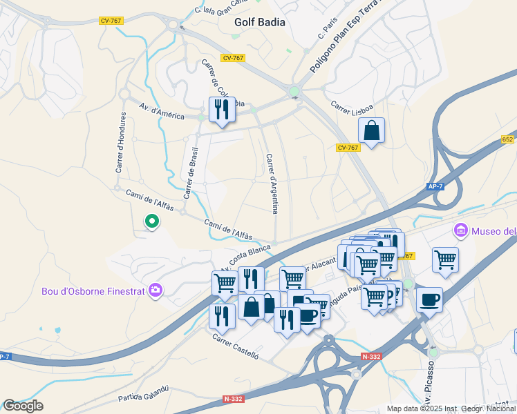 map of restaurants, bars, coffee shops, grocery stores, and more near 32G Carrer de les Bahames in Finestrat