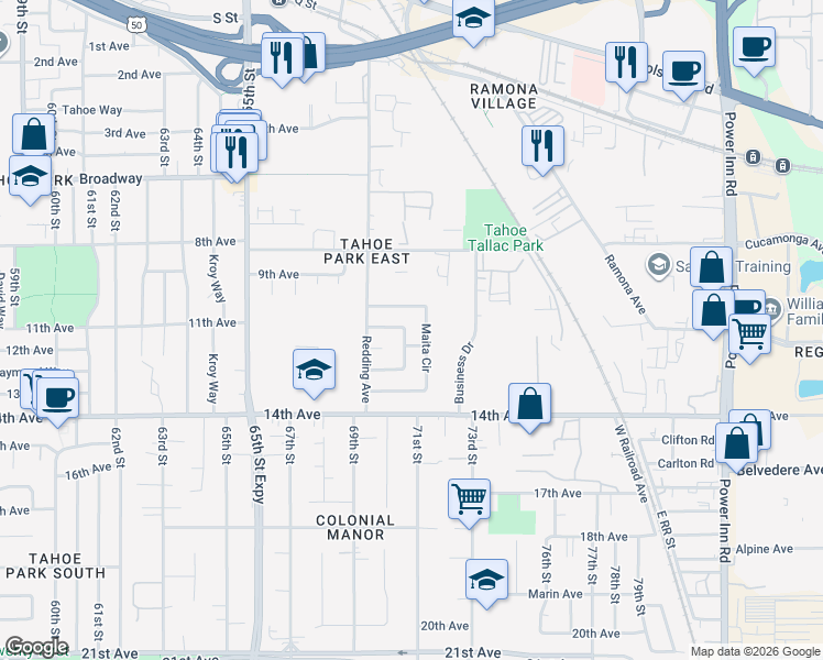 map of restaurants, bars, coffee shops, grocery stores, and more near 6917 McQuillan Circle in Sacramento