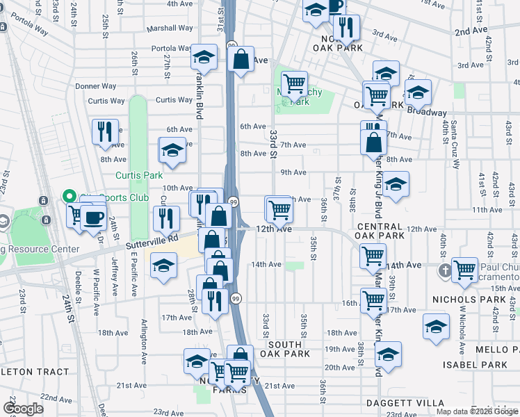 map of restaurants, bars, coffee shops, grocery stores, and more near 3272 10th Avenue in Sacramento