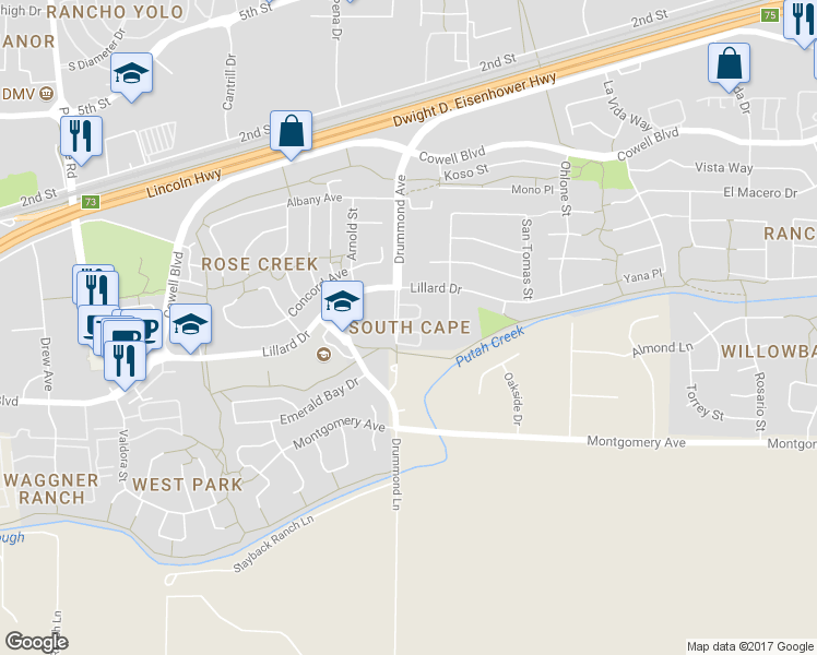 map of restaurants, bars, coffee shops, grocery stores, and more near 3179 Nantucket Terrace in Davis
