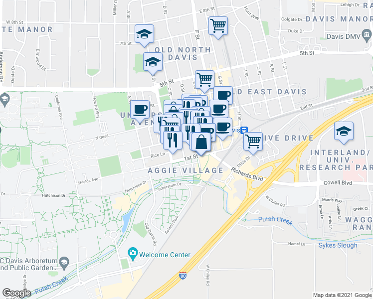 map of restaurants, bars, coffee shops, grocery stores, and more near 404 2nd Street in Davis