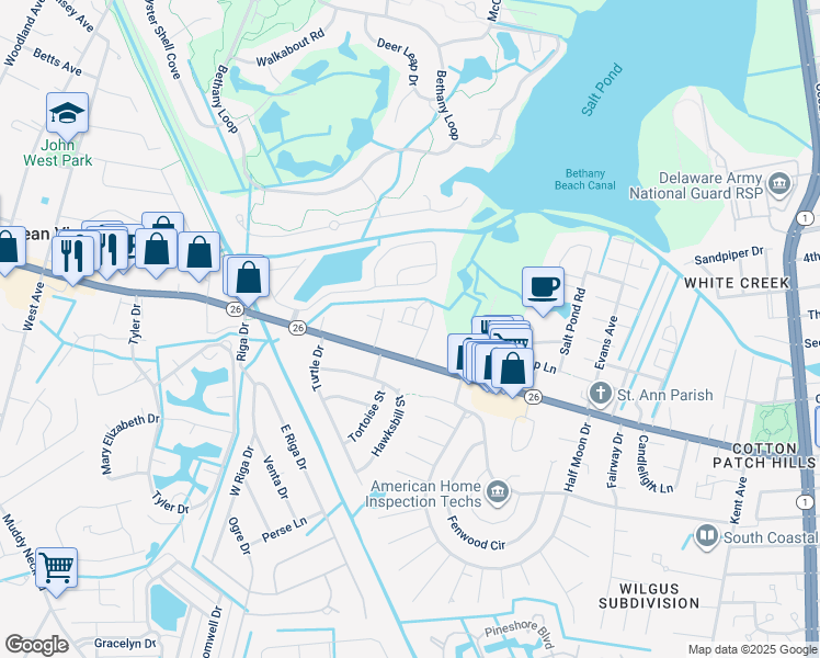 map of restaurants, bars, coffee shops, grocery stores, and more near 827A Westwood Avenue in Bethany Beach