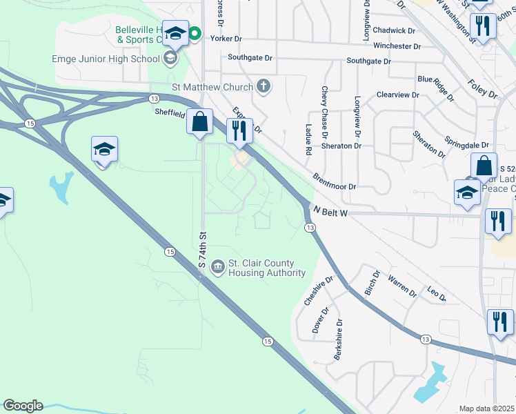 map of restaurants, bars, coffee shops, grocery stores, and more near 71 Hillside Lane in Belleville