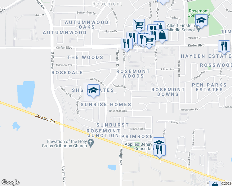 map of restaurants, bars, coffee shops, grocery stores, and more near 9050 Williamson Court in Sacramento