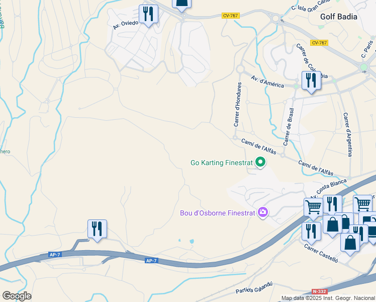 map of restaurants, bars, coffee shops, grocery stores, and more near 42 Plaça Ind Urble Fines. S15 in Finestrat