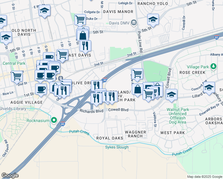 map of restaurants, bars, coffee shops, grocery stores, and more near 1680 Research Park Dr in Davis