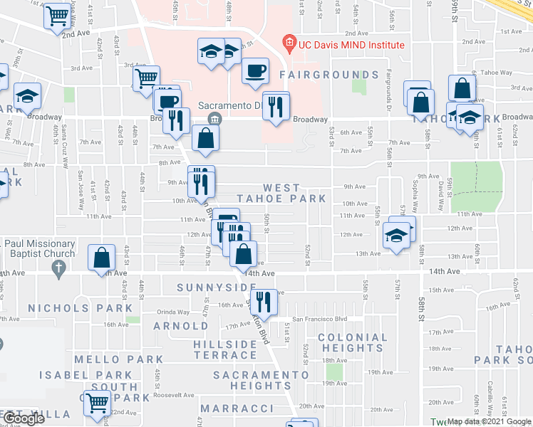 map of restaurants, bars, coffee shops, grocery stores, and more near 10th Ave 11th Avenue Alley in Sacramento