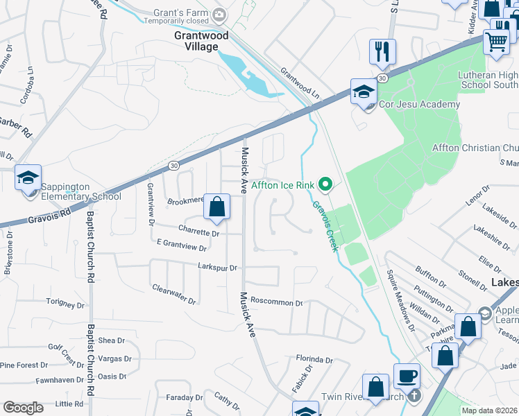 map of restaurants, bars, coffee shops, grocery stores, and more near 9832 Vicksburg Siege Court in St. Louis