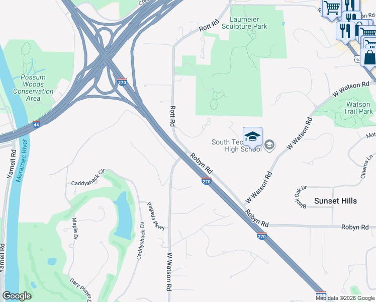 map of restaurants, bars, coffee shops, grocery stores, and more near 12798 Robyn Road in St. Louis