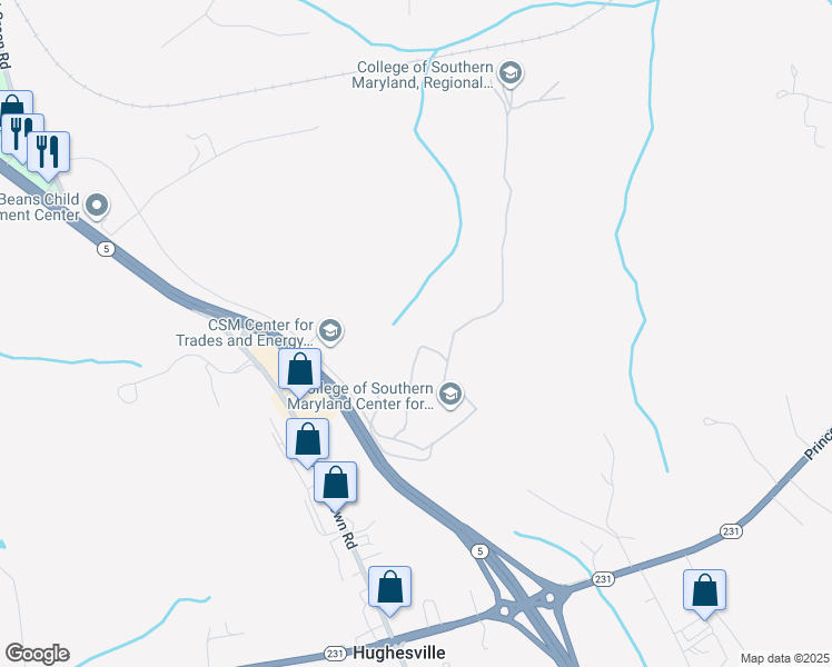 map of restaurants, bars, coffee shops, grocery stores, and more near 6105 Foster Lane in Hughesville