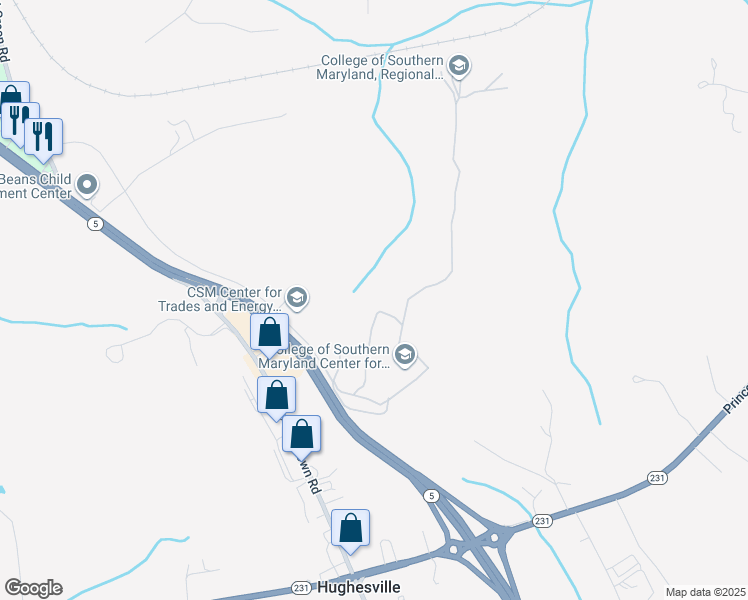 map of restaurants, bars, coffee shops, grocery stores, and more near 6105 Foster Lane in Hughesville