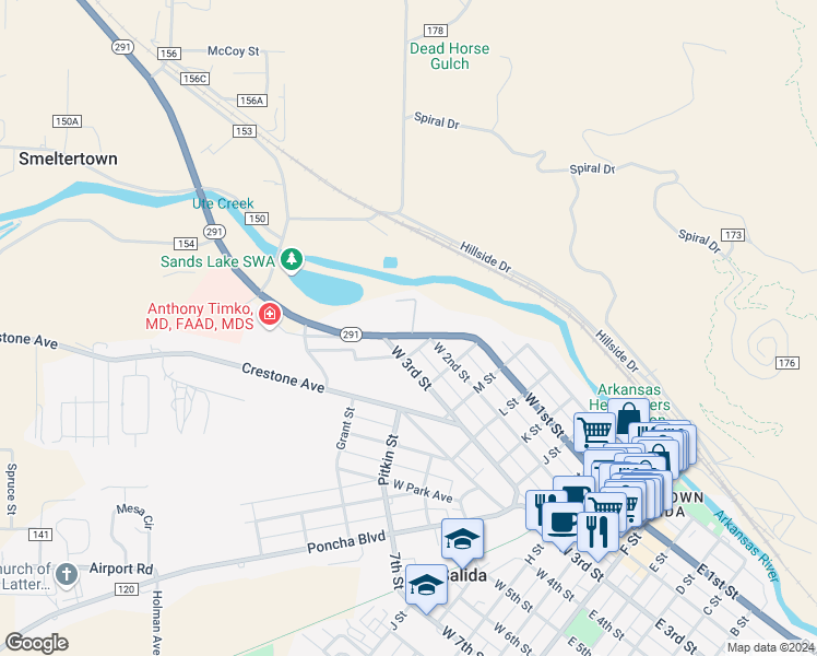 map of restaurants, bars, coffee shops, grocery stores, and more near 225 Grand Avenue in Salida