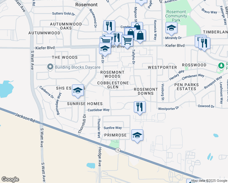 map of restaurants, bars, coffee shops, grocery stores, and more near 9114 Newhall Drive in Sacramento