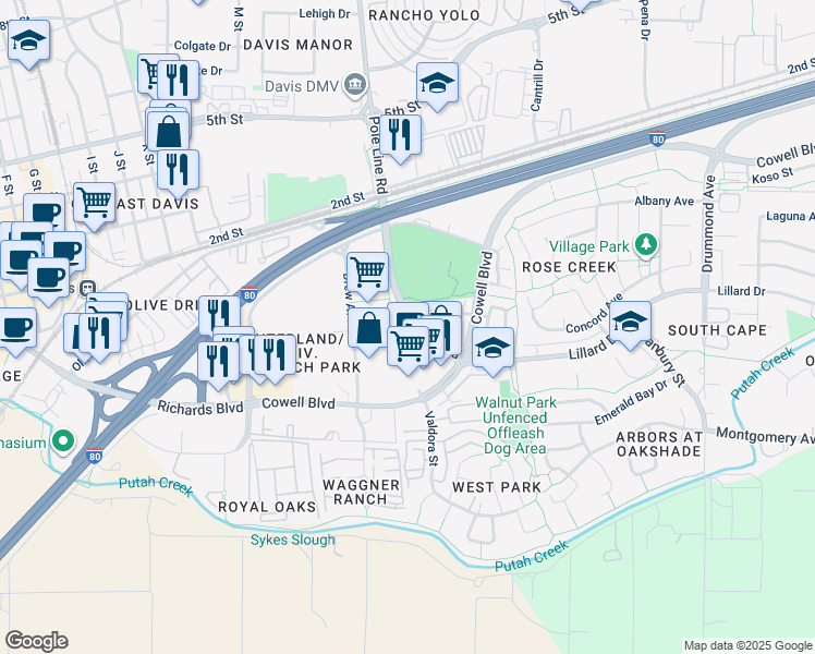 map of restaurants, bars, coffee shops, grocery stores, and more near in Davis