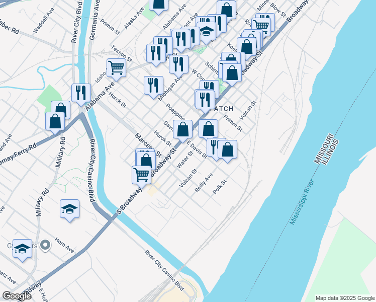 map of restaurants, bars, coffee shops, grocery stores, and more near 122 East Davis Street in St. Louis