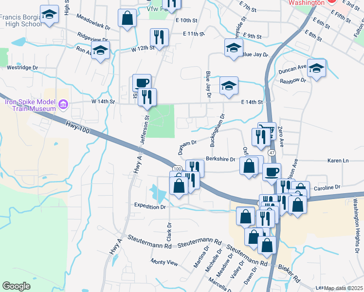 map of restaurants, bars, coffee shops, grocery stores, and more near 55 Durham Drive in Washington