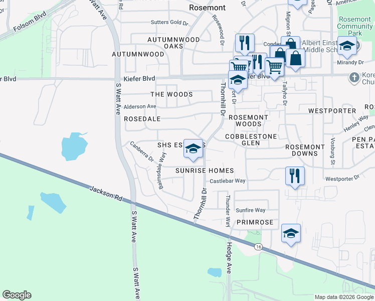 map of restaurants, bars, coffee shops, grocery stores, and more near 9045 Canberra Drive in Sacramento