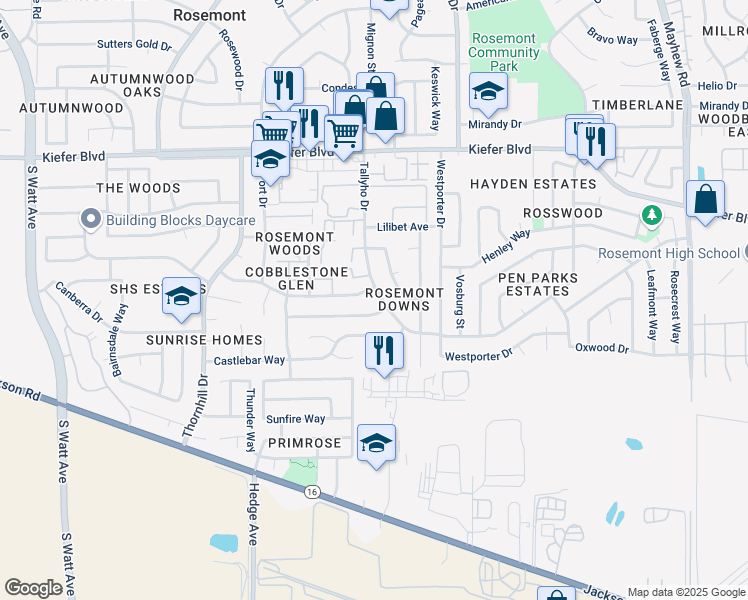 map of restaurants, bars, coffee shops, grocery stores, and more near 3963 Tallyho Drive in Sacramento