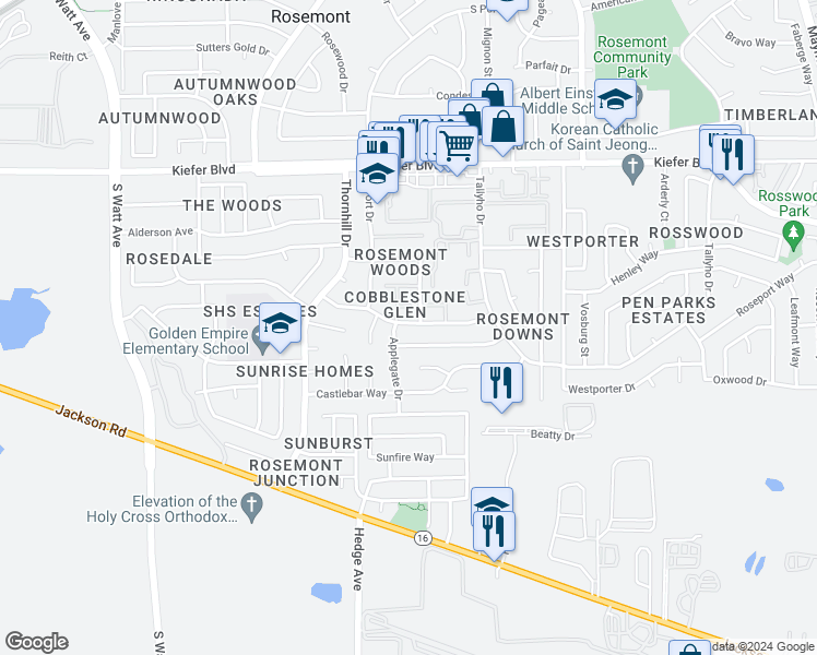 map of restaurants, bars, coffee shops, grocery stores, and more near 9114 Newhall Drive in Sacramento
