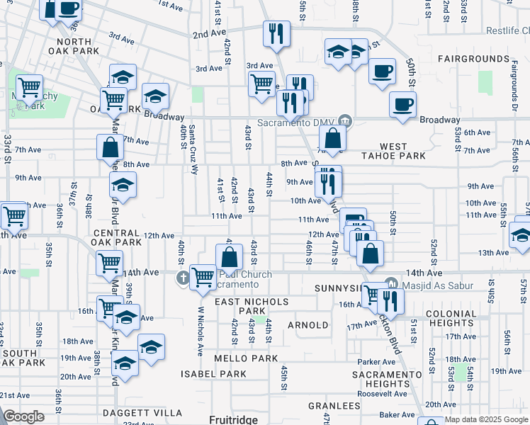 map of restaurants, bars, coffee shops, grocery stores, and more near 4416 10th Avenue in Sacramento
