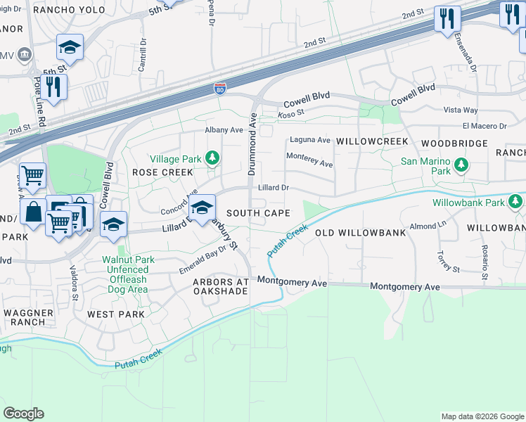 map of restaurants, bars, coffee shops, grocery stores, and more near 3179 Nantucket Terrace in Davis