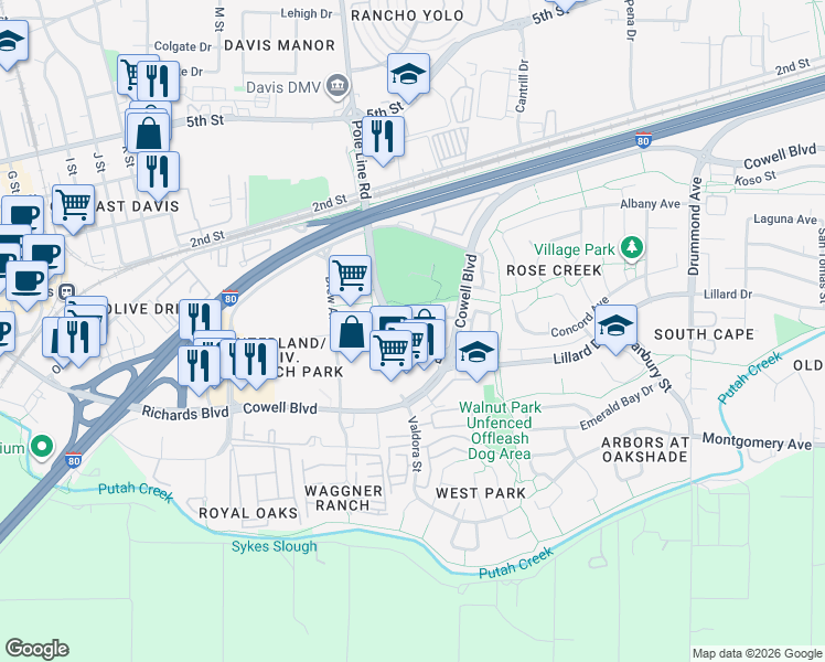 map of restaurants, bars, coffee shops, grocery stores, and more near in Davis