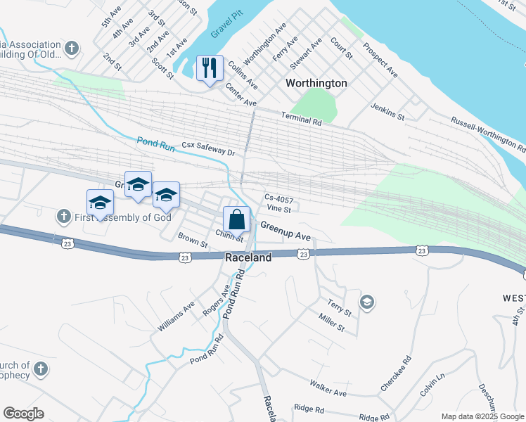 map of restaurants, bars, coffee shops, grocery stores, and more near 300-302 Pond Run Rd in Raceland