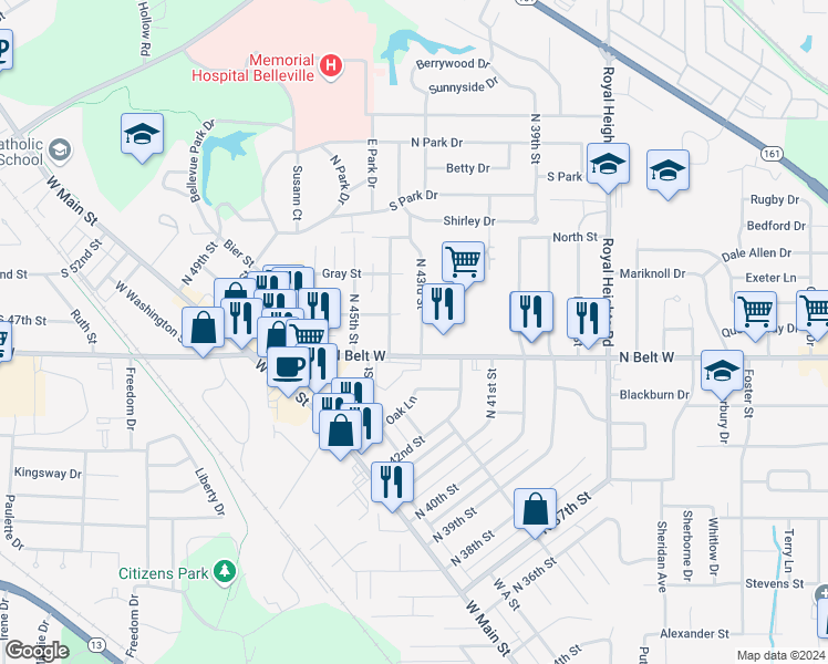 map of restaurants, bars, coffee shops, grocery stores, and more near 320 North 43rd Street in Belleville