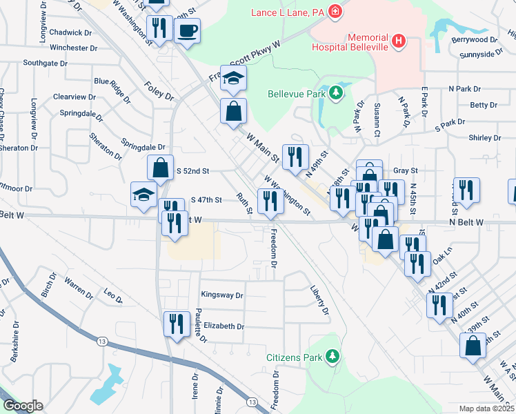 map of restaurants, bars, coffee shops, grocery stores, and more near 4607 Ruth Street in Swansea