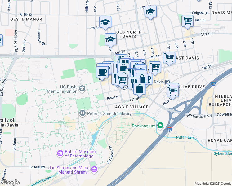 map of restaurants, bars, coffee shops, grocery stores, and more near 240 2nd Street in Davis