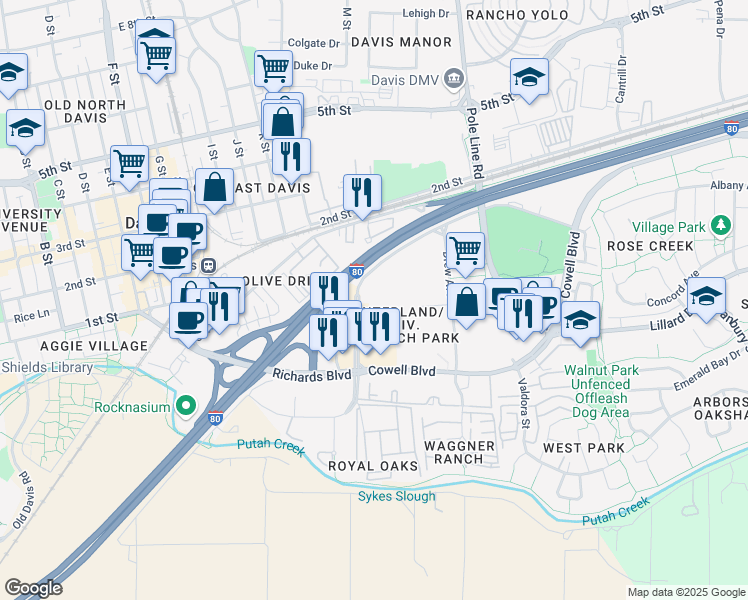 map of restaurants, bars, coffee shops, grocery stores, and more near 1680 Research Park Dr in Davis