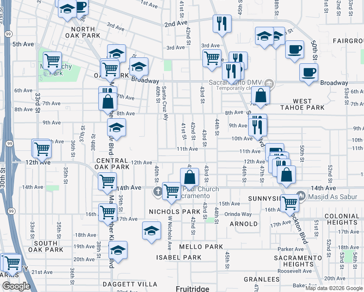map of restaurants, bars, coffee shops, grocery stores, and more near 4141 11th Avenue in Sacramento