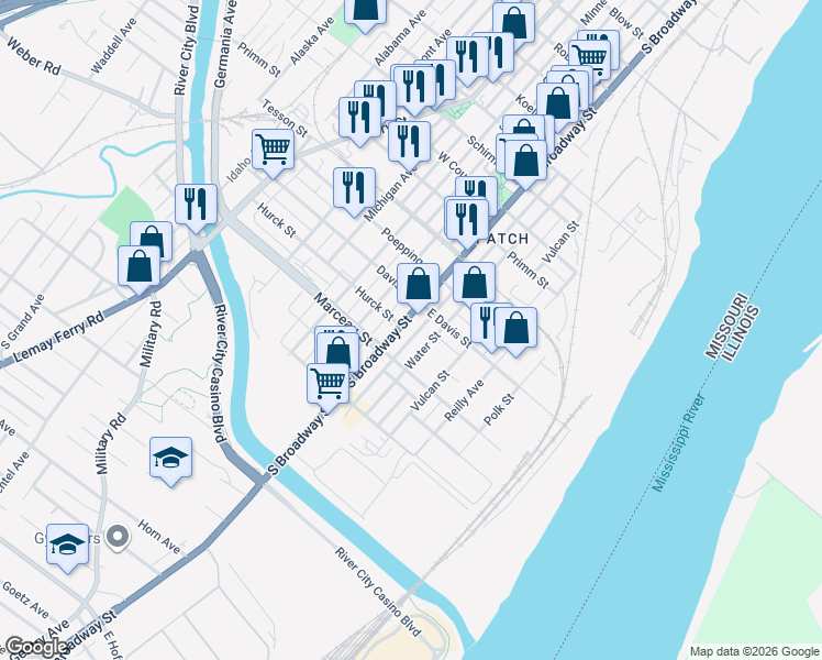map of restaurants, bars, coffee shops, grocery stores, and more near 122 East Davis Street in St. Louis