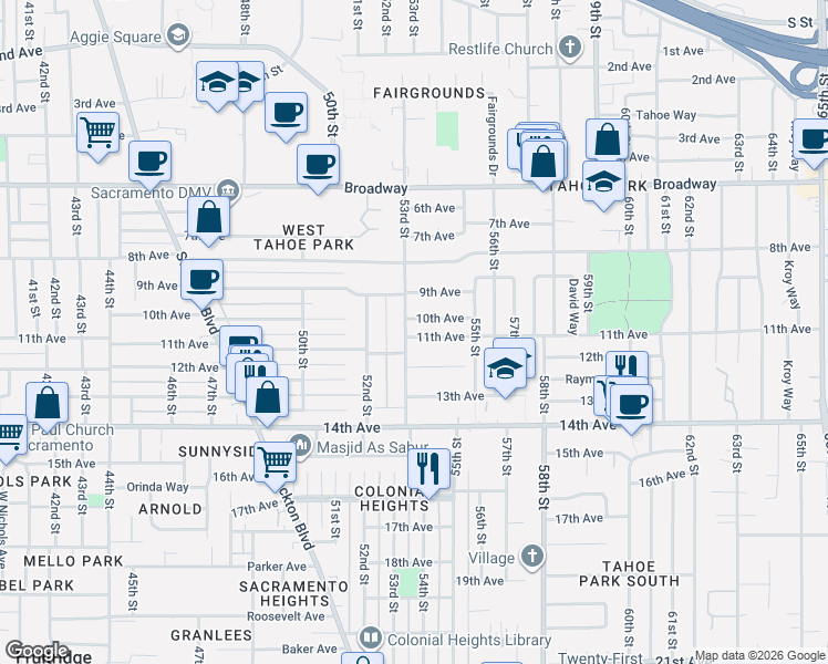 map of restaurants, bars, coffee shops, grocery stores, and more near 5340 10th Avenue in Sacramento